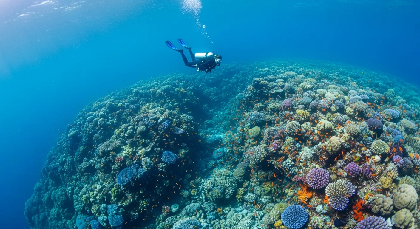 Diver above a Banda Sea coral reef