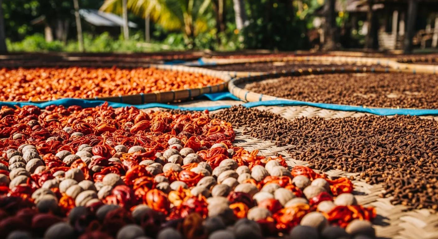Nutmeg and cloves drying in Maluku